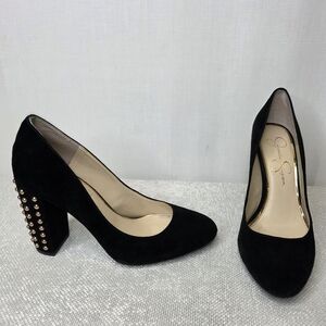 Jessica Simpson 🌏 Black Suede Block Heel Pumps Gold Studs Size 7.5 M